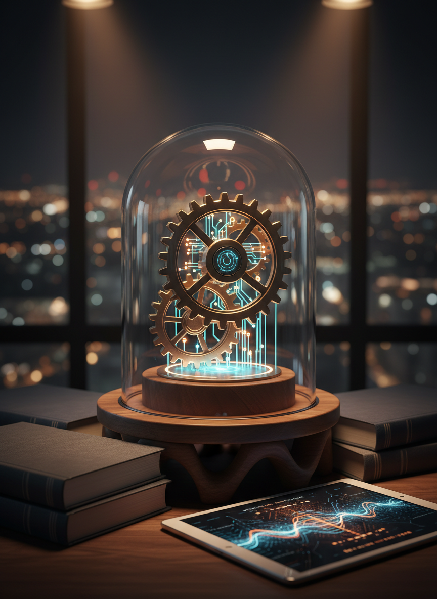 A symbolic still life representing the protection of creative ideas in Mexico City: a transparent glass dome covering a finely crafted, illuminated metal gear and stylized circuit pattern, placed on a dark walnut pedestal. Around the dome lie closed, unmarked legal books with textured covers in deep charcoal and navy tones, and a sleek tablet displaying a blurred, glowing pattern reminiscent of encrypted data. A subtle city lights bokeh through a window hints at Mexico City at night. Focused, warm spot lighting highlights the dome and its contents, while the background fades into soft darkness. Shot from a slightly low angle to make the protected object feel important. The mood is confident and protective, in high-end photographic realism, ideal for illustrating intellectual property and technology-focused legal expertise.