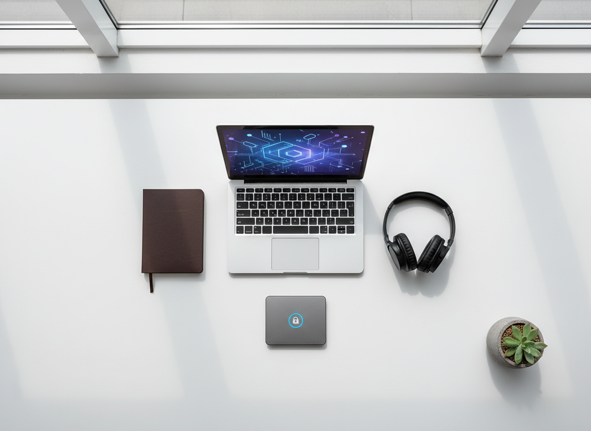 An overhead view of a meticulously organized minimalist workspace dedicated to intellectual property protection: a silver laptop open to an abstract interface of geometric shapes representing ideas, a dark leather notebook, a pair of noise-cancelling headphones, and a locked brushed-steel external drive with a glowing security indicator. Everything is arranged on a matte white desk with a small succulent in a concrete pot near the edge. Bright, diffused daylight from above creates soft, almost shadowless lighting, enhancing clarity and order. The composition is symmetrical with clean lines and ample negative space, ideal for a website hero section. The mood is modern, secure, and trustworthy, emphasizing digital IP protection and personal data law through photographic realism and a clean, contemporary aesthetic.