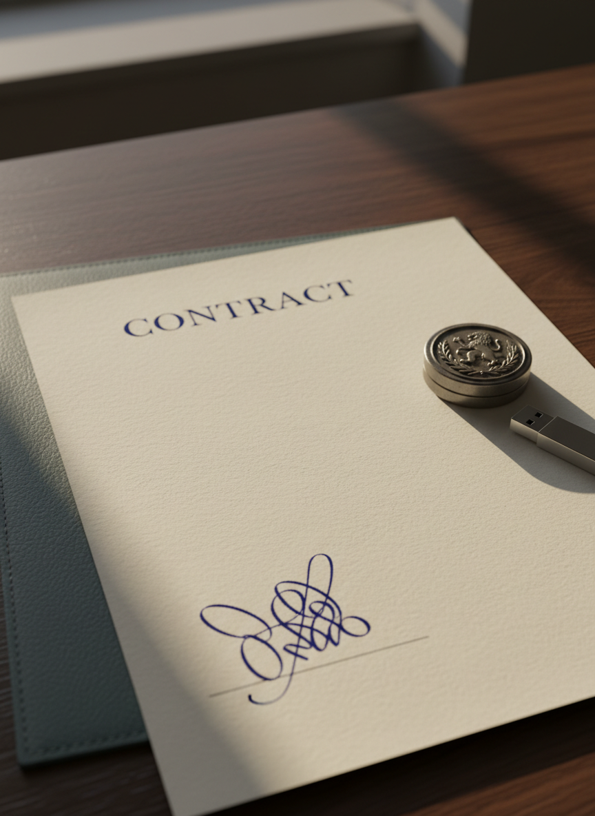 A detailed close-up of a signed contract on thick, off-white paper, the signatures replaced by elegant, abstract line patterns to avoid readable text. The contract lies on a dark, finely grained wooden desk alongside an embossed metal seal device and a slim, brushed-steel USB key, symbolizing both traditional and digital intellectual property protection. A muted teal folder, partially visible, adds a touch of color and sophistication. Late afternoon light from a nearby window streams across the scene, creating diagonal highlights and gentle shadows that emphasize texture in the paper and wood. Captured from a slightly angled overhead perspective with a moderate depth of field, the foreground crisp and background softly softened. The mood is precise, formal, and trustworthy, in realistic, high-resolution photographic style suitable for a seasoned IP law firm.