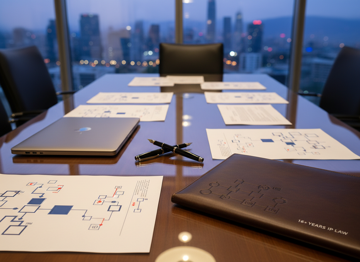 A sleek dark-wood conference table covered with neatly arranged documents featuring abstract legal diagrams, a closed metallic laptop, and a pair of polished black fountain pens resting on a leather folder embossed with subtle geometric patterns suggesting intellectual property symbols. The table stands in front of a floor-to-ceiling window overlooking an abstracted, softly blurred Mexico City skyline at dusk. Cool natural light mixes with warm interior spotlights, creating a balanced, professional glow and crisp highlights on metal and glass surfaces. Shot at eye level with a shallow depth of field, the focus is on the precise order of the workspace, conveying trust, expertise, and 16+ years of experience in intellectual property law in a clean, modern, photographic realism style.