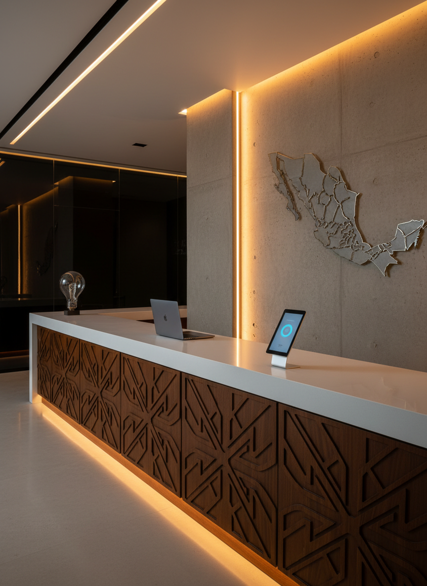 A modern law firm reception desk rendered without staff: a long, minimalist counter in matte white stone with a contrasting dark-wood front panel.