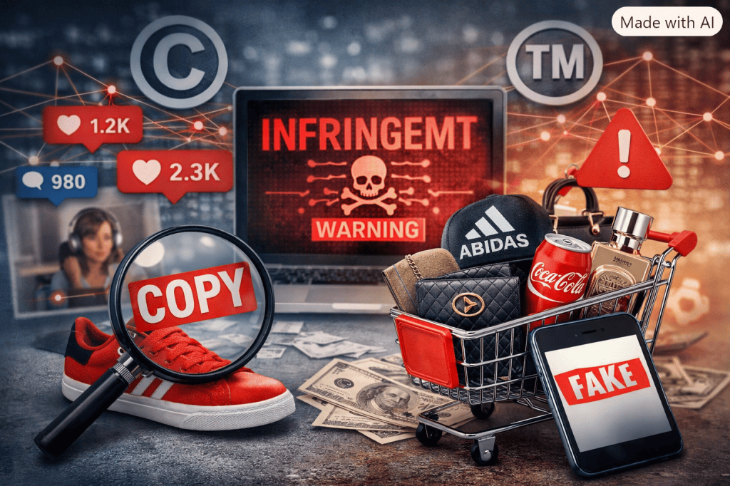 Representación del uso indebido de marcas y obras en redes sociales, con productos falsificados y símbolos de alerta digital.